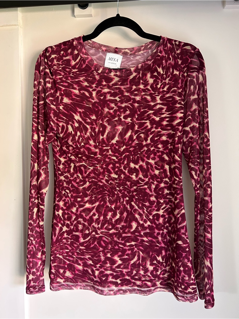 NWT Misa Los Angeles Sheer Fuchsia and Cream Animal-Print Long Sleeve Top